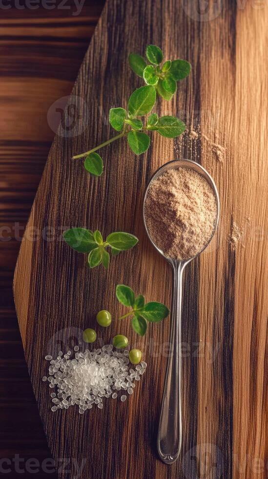 Psyllium powder with fresh herbs and coarse salt on wood photo
