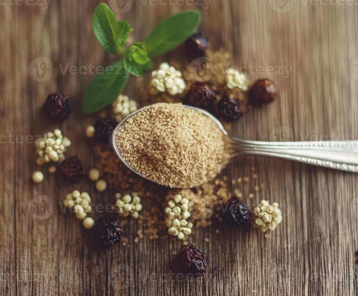 Psyllium husk displayed on a rustic wooden table photo