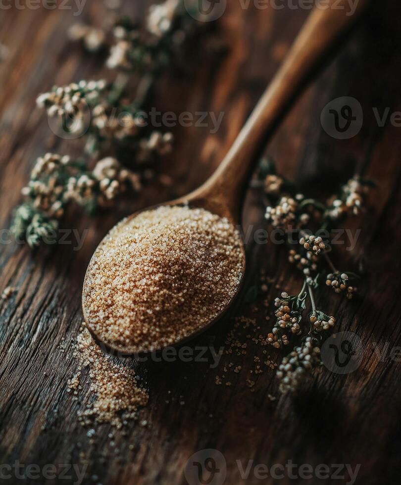 Psyllium husk displayed on wooden spoon with herbs photo