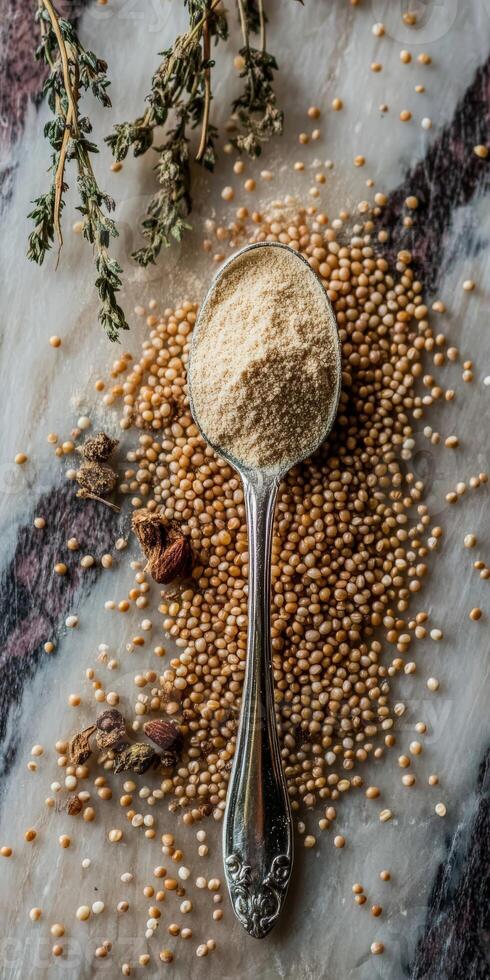 Psyllium husk and seeds on a marble surface photo