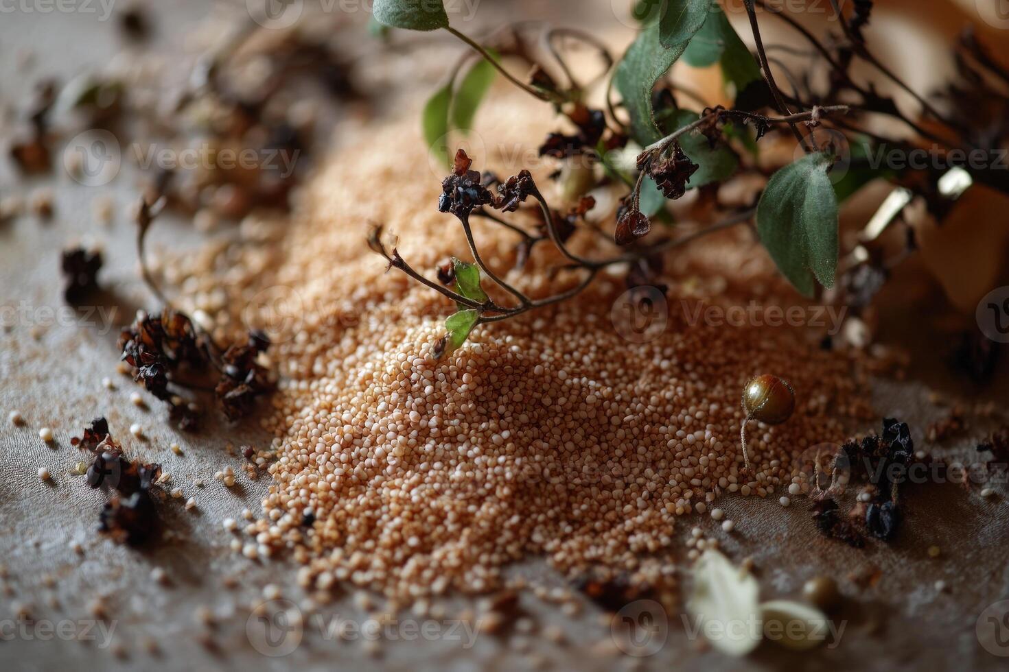 Psyllium seeds and dried plants are scattered on a surface photo