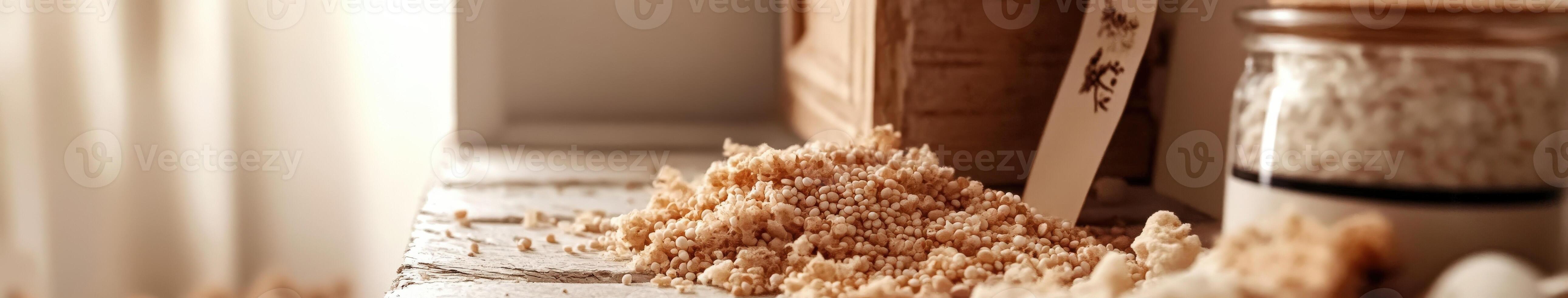 Psyllium husk on a wooden table with natural light photo