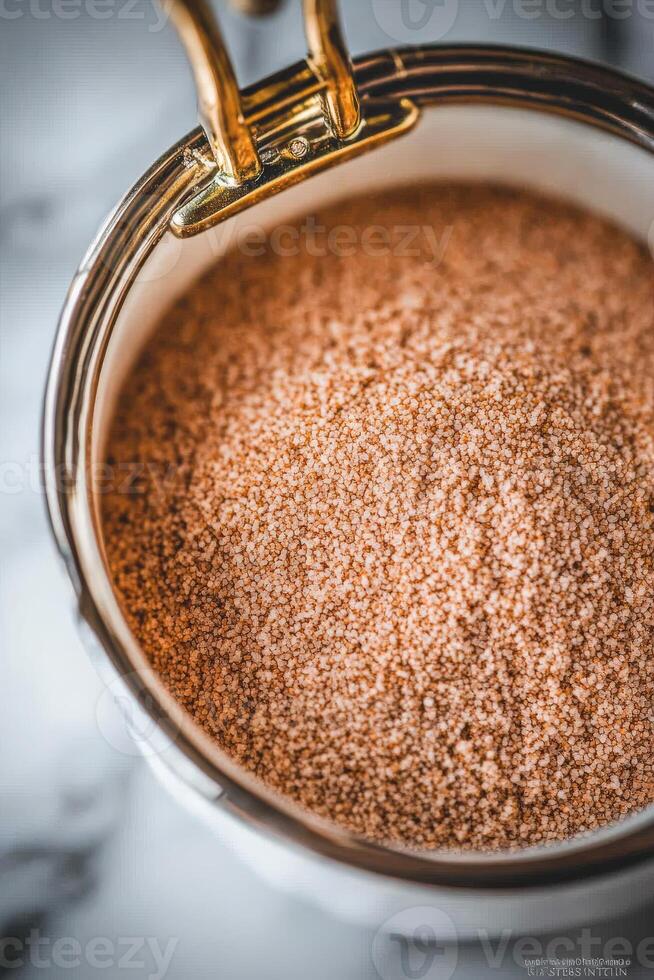 Psyllium husk in a glass container on a marble surface photo