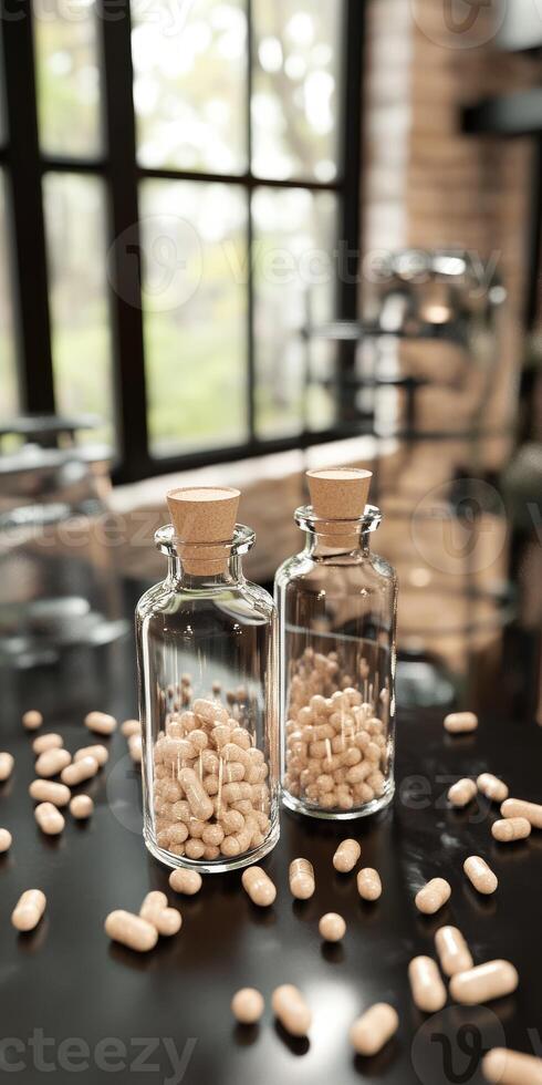 Bottles of psyllium capsules on a wooden table photo
