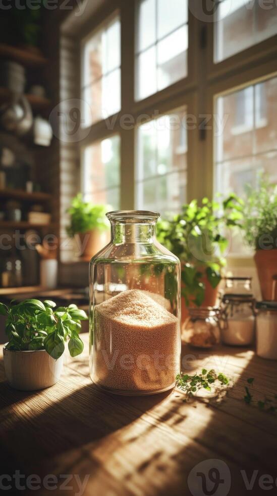 Psyllium stored in a glass jar surrounded by herbs photo