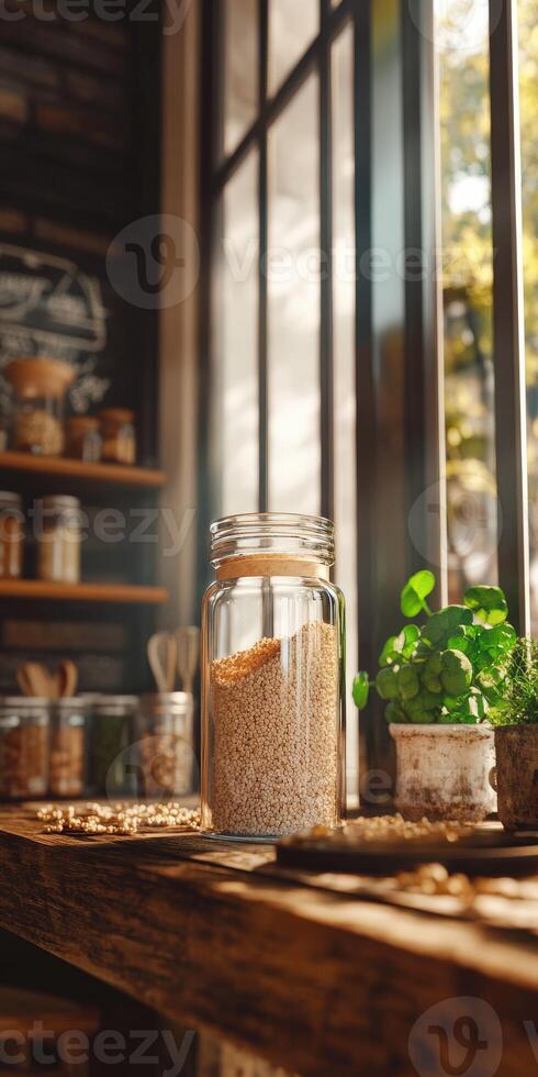 Psyllium in a glass jar on a rustic table photo