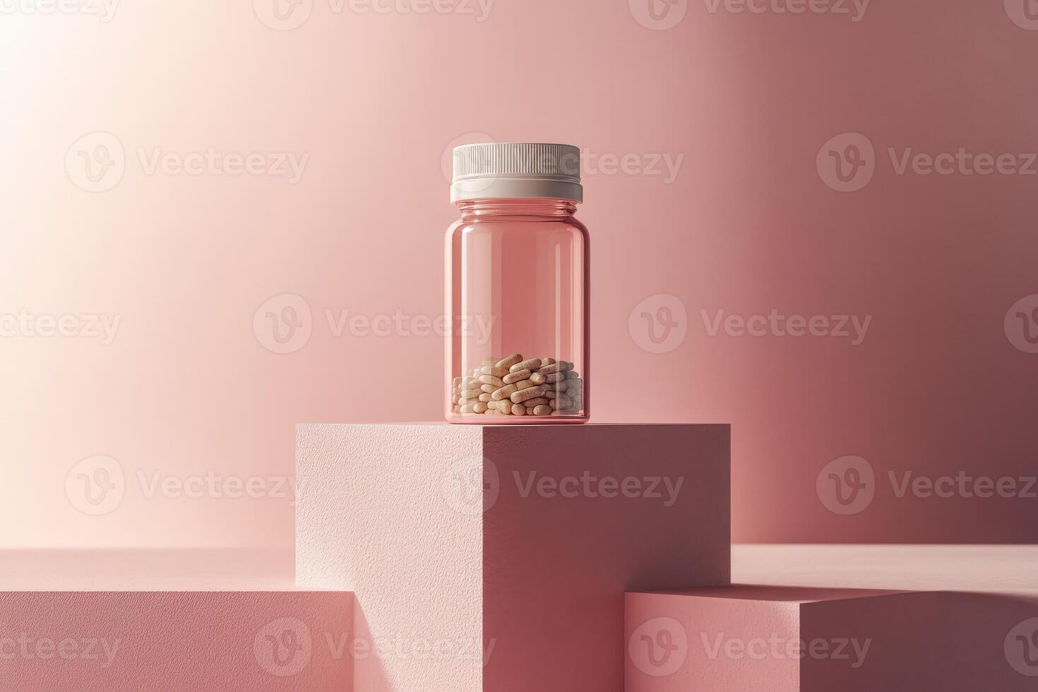Psyllium capsules in a clear container on pink blocks photo