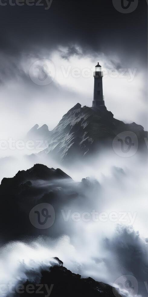 Mysterious lighthouse stands tall amidst stormy sea waves photo