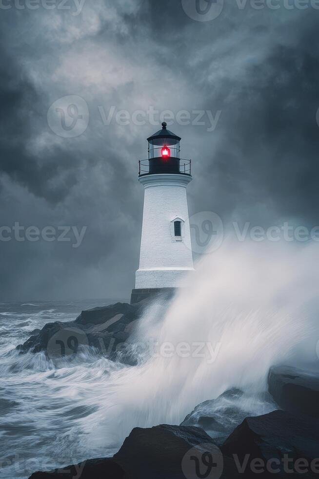 Lighthouse stands firm against a stormy sea at dusk photo