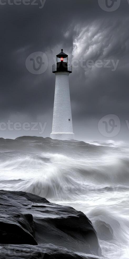 Lighthouse stands resilient against stormy ocean waves photo