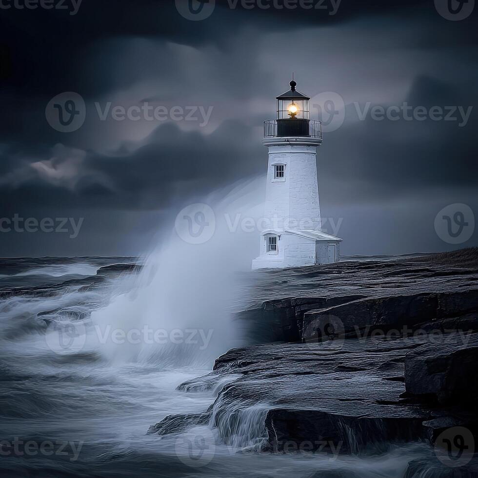 Lighthouse illuminated by stormy skies and crashing waves photo