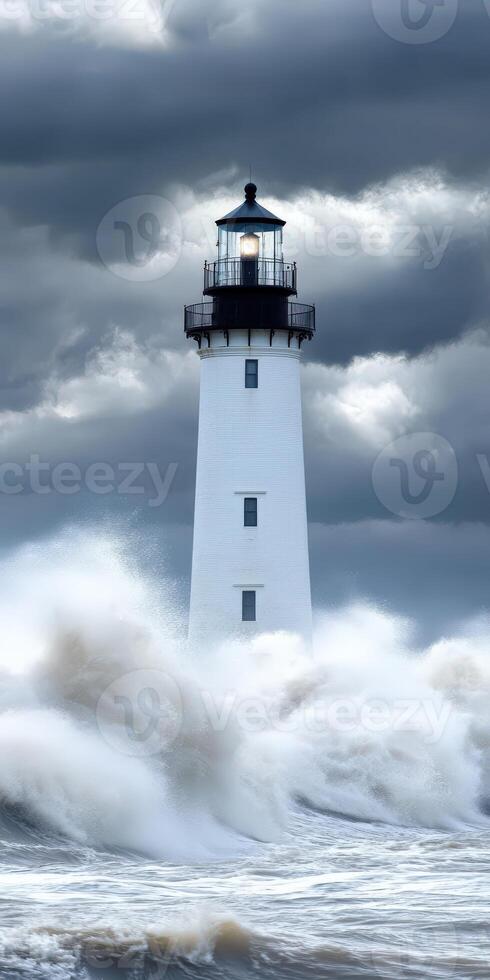 High waves crashing near a lighthouse during stormy weather photo