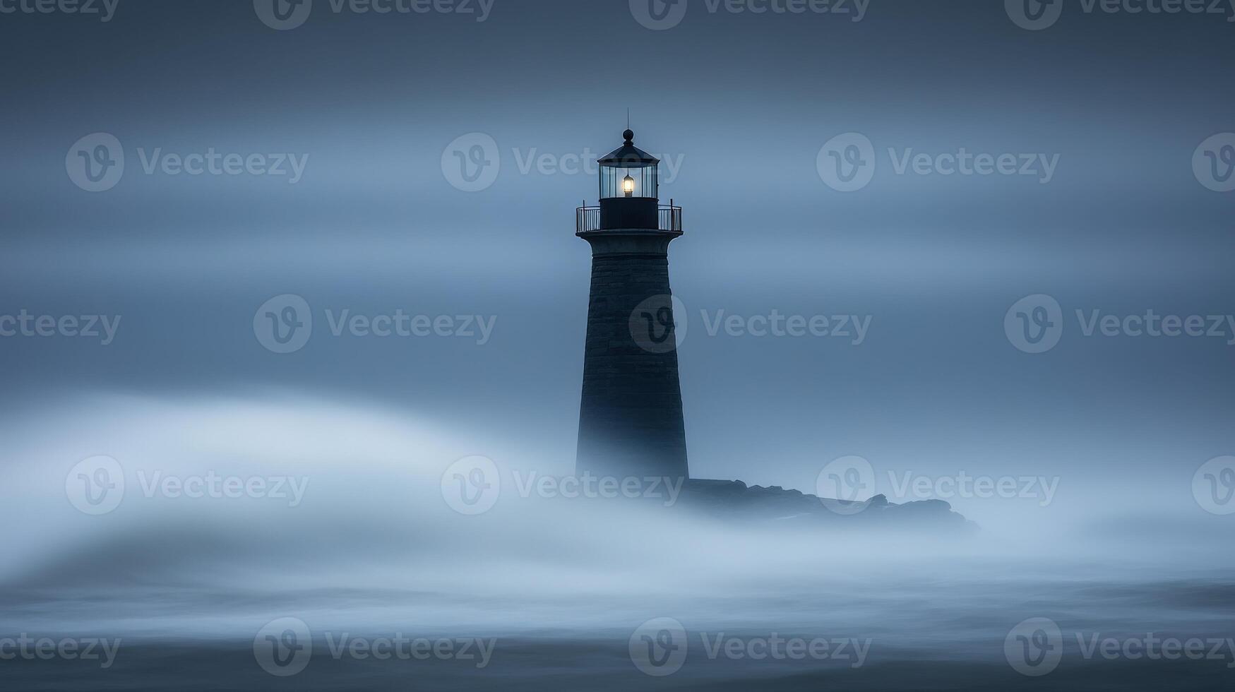 Lighthouse shining light during stormy weather at dusk photo