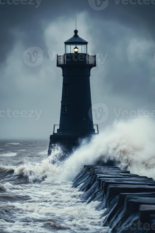 Lighthouse stands firm against crashing waves during storm photo