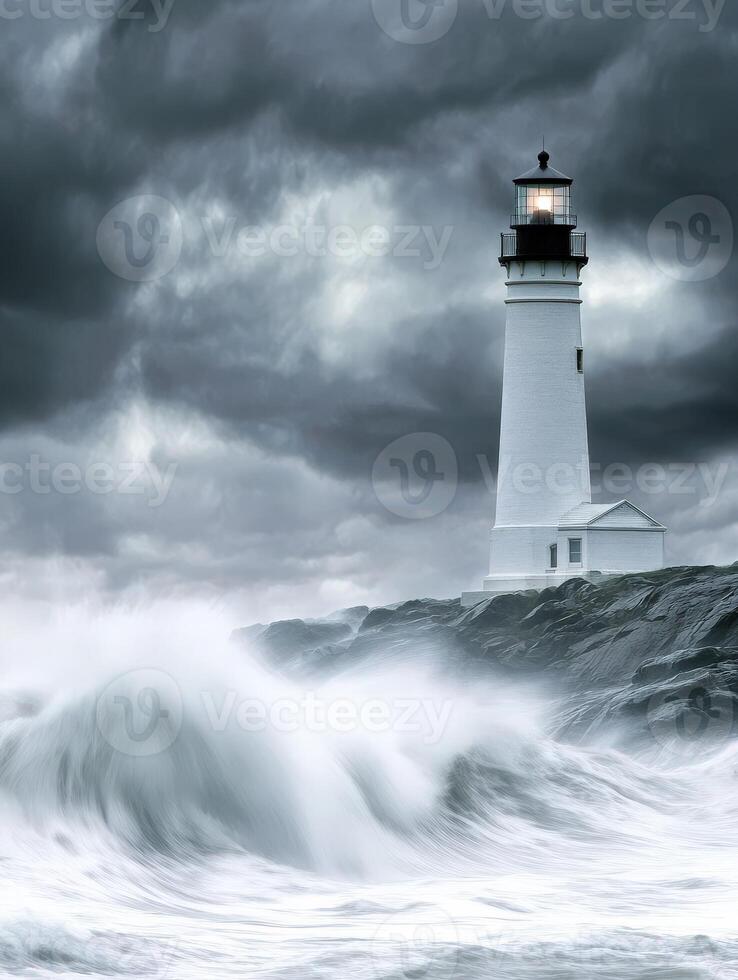 Stormy waves crashing near a coastal lighthouse photo
