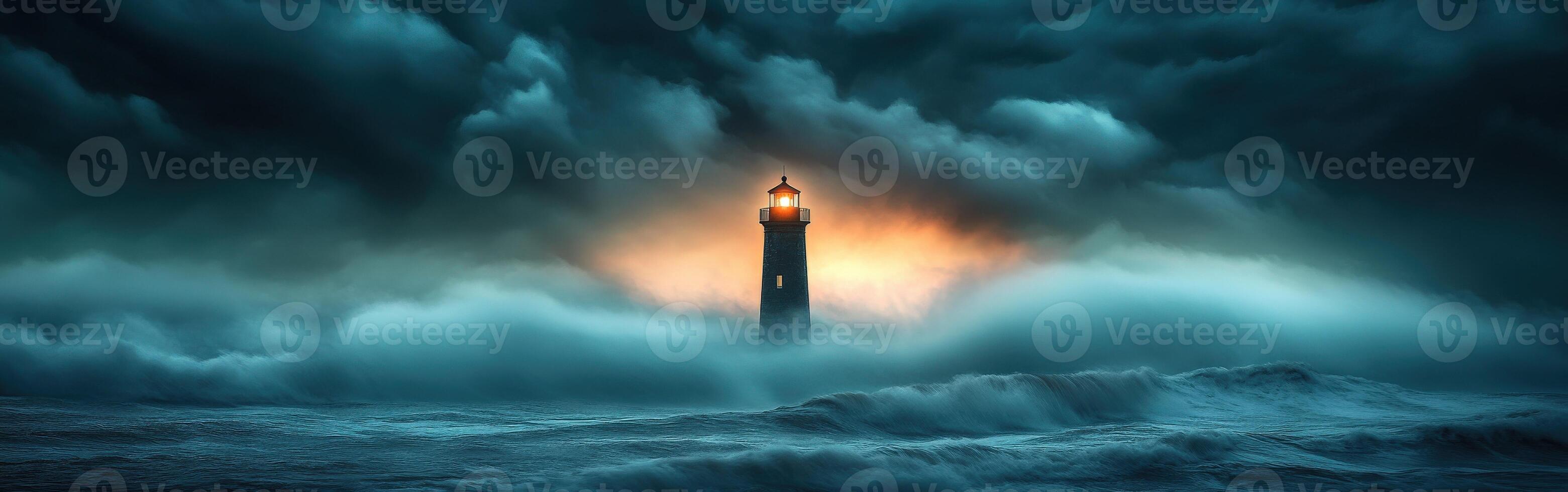 Dramatic lighthouse illuminated amid stormy seas and clouds photo