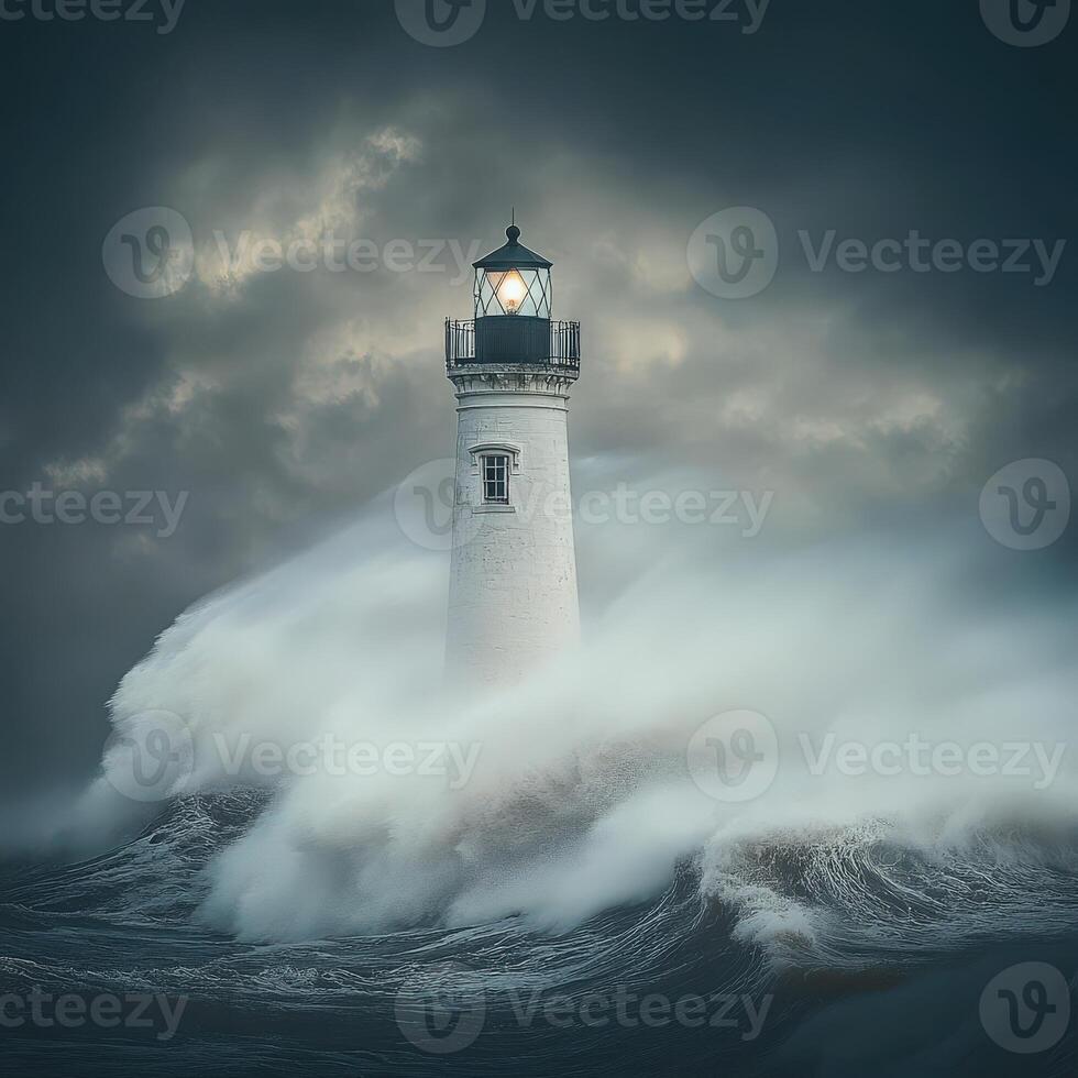 Strong waves crash around a lighthouse during a storm photo