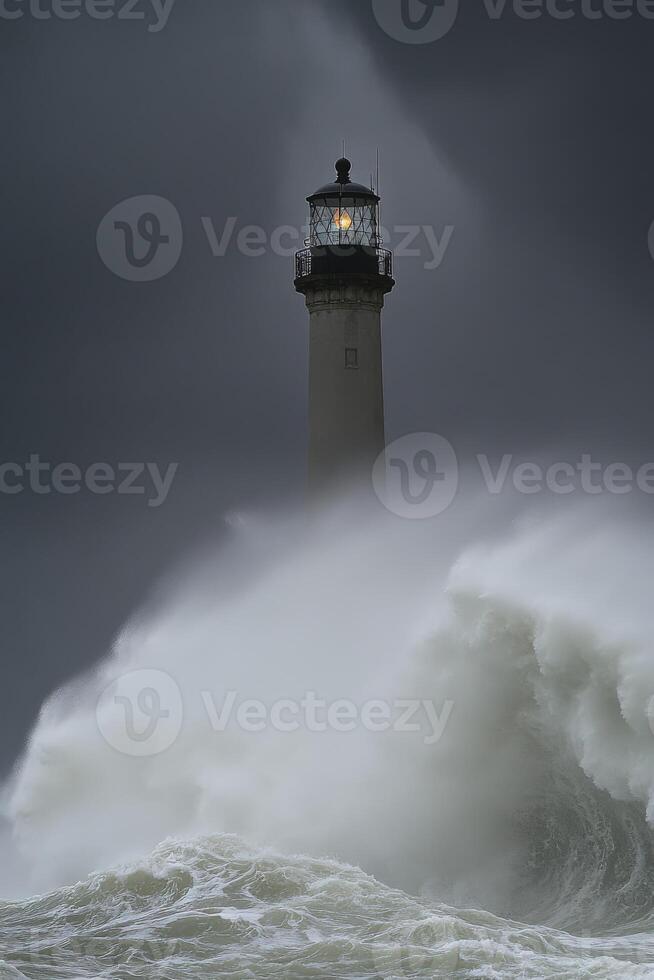 Stormy sea waves crashing near historic lighthouse photo