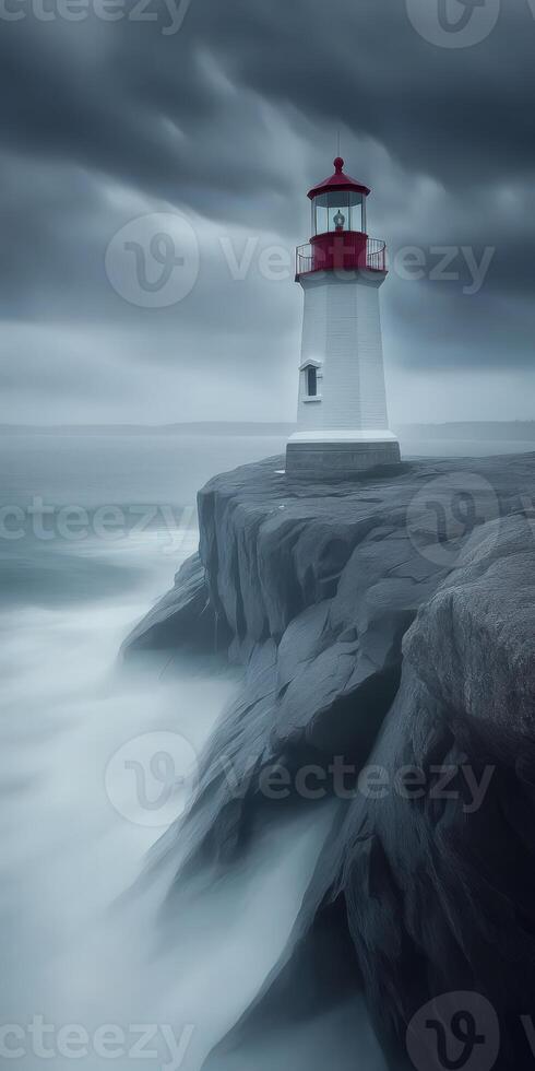 Lighthouse standing strong against stormy ocean waves photo