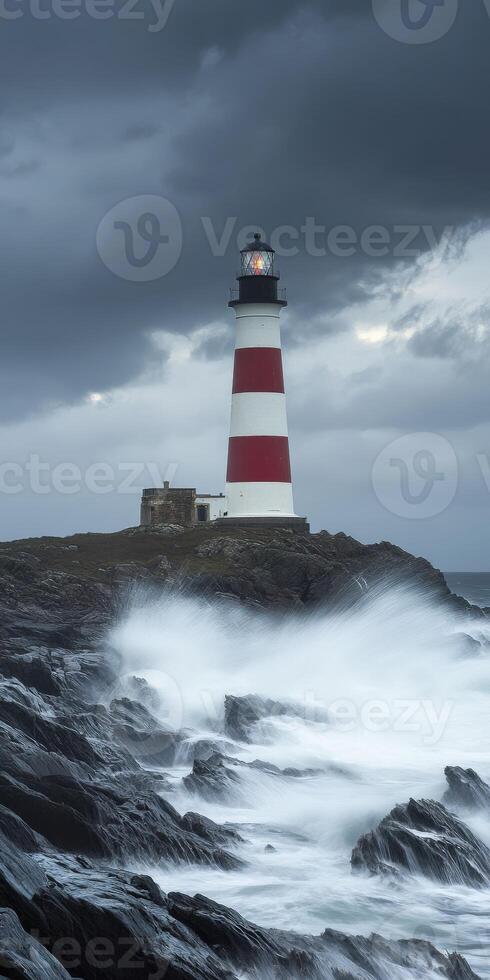 Tall lighthouse stands firm against crashing waves at dusk photo