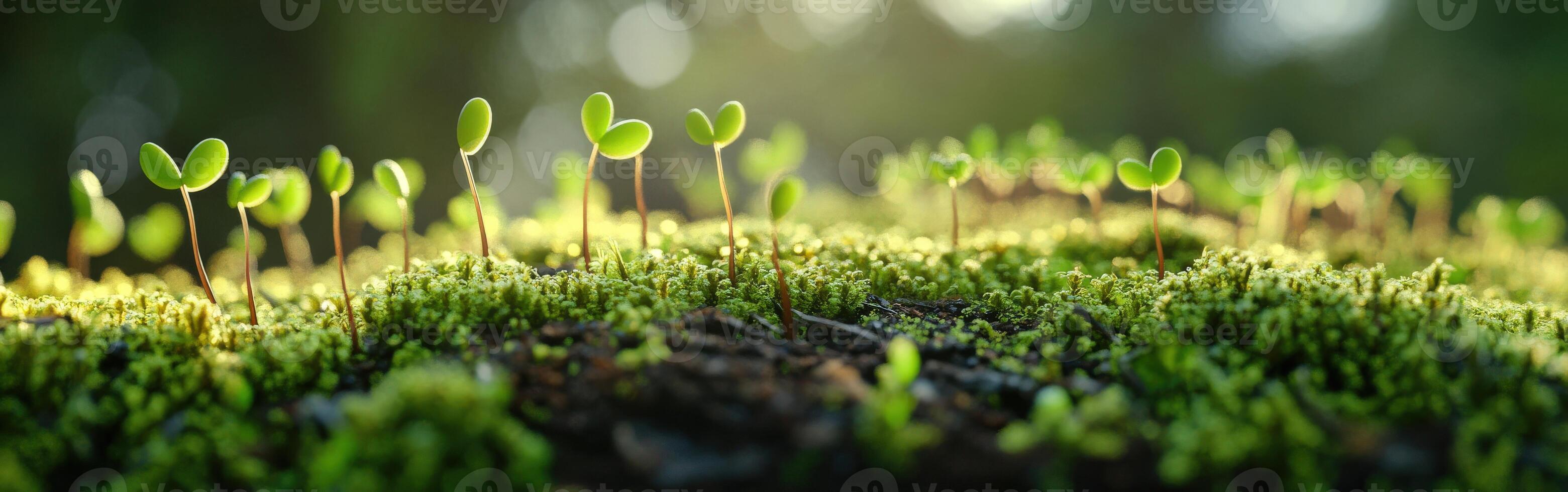 New seedlings emerge from damp soil in a forest setting photo