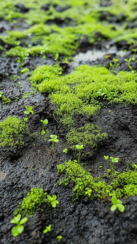 Vibrant green moss and small plants grow on wet soil photo