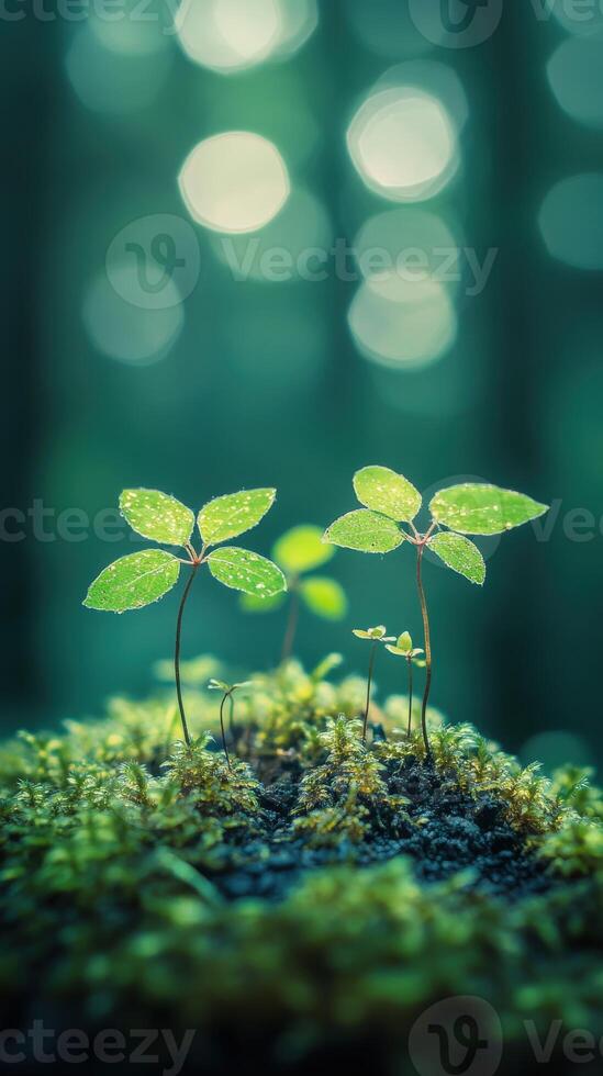 Small green plants growing on moss in a forest photo