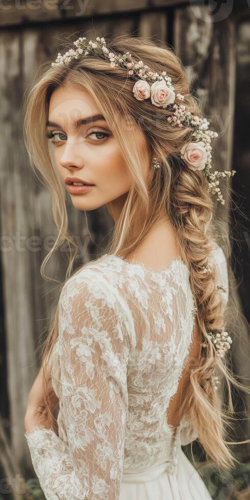 Beautiful boho braids with flowers in a rustic setting photo