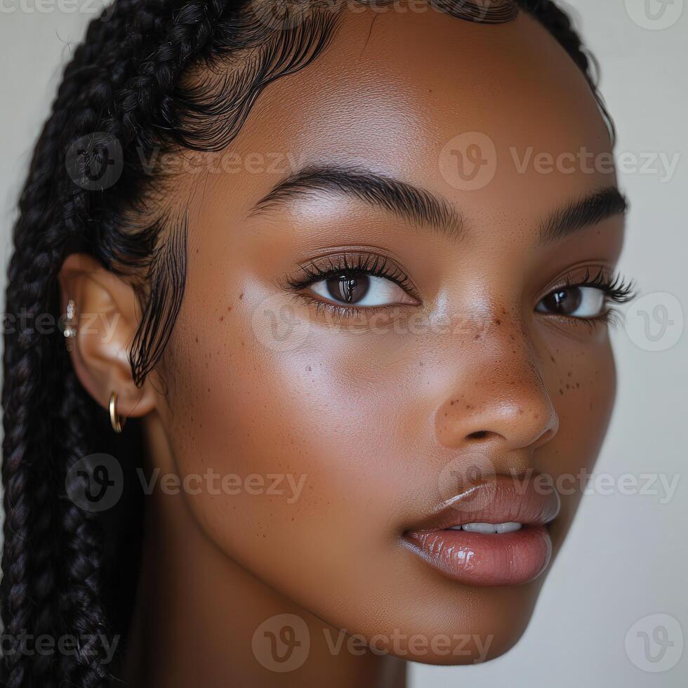 Boho braids with natural makeup in warm lighting photo