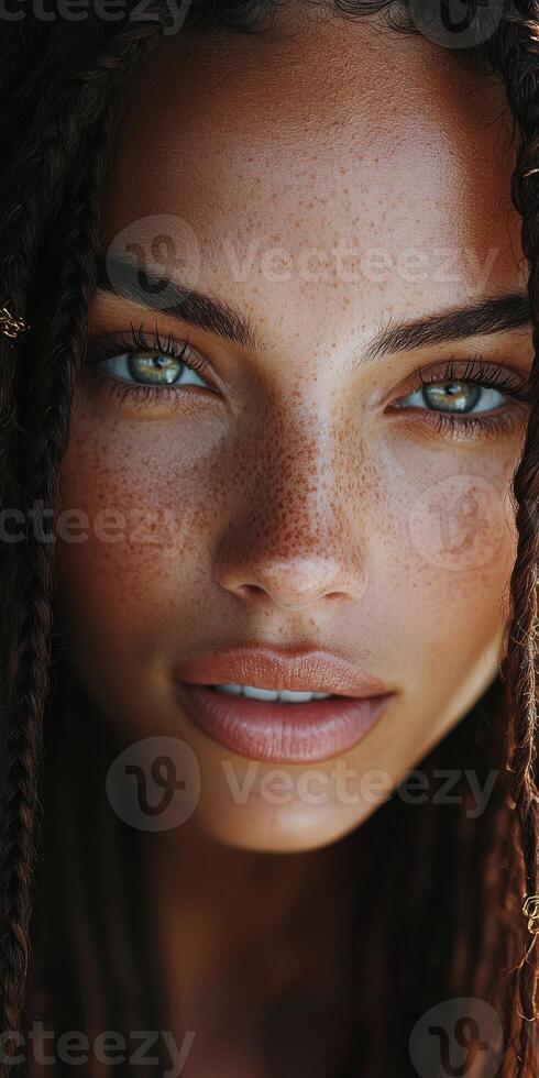 Natural beauty shines with boho braids and freckles photo