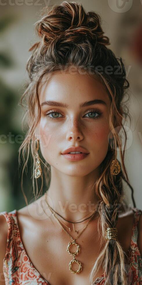 Boho braids with elegant jewelry in a relaxed environment photo