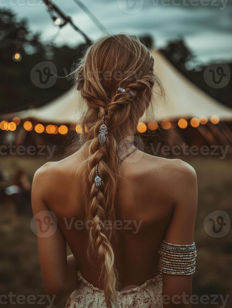 Boho braids shine at sunset festival gathering photo