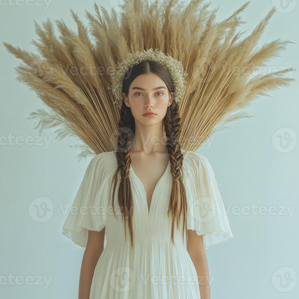 Boho braids with a striking floral backdrop in soft light photo