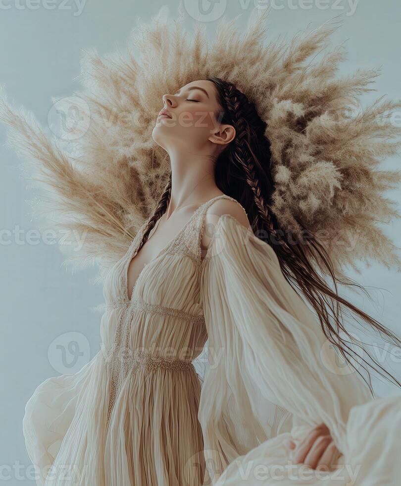 Boho braids complement ethereal gown in soft light photo