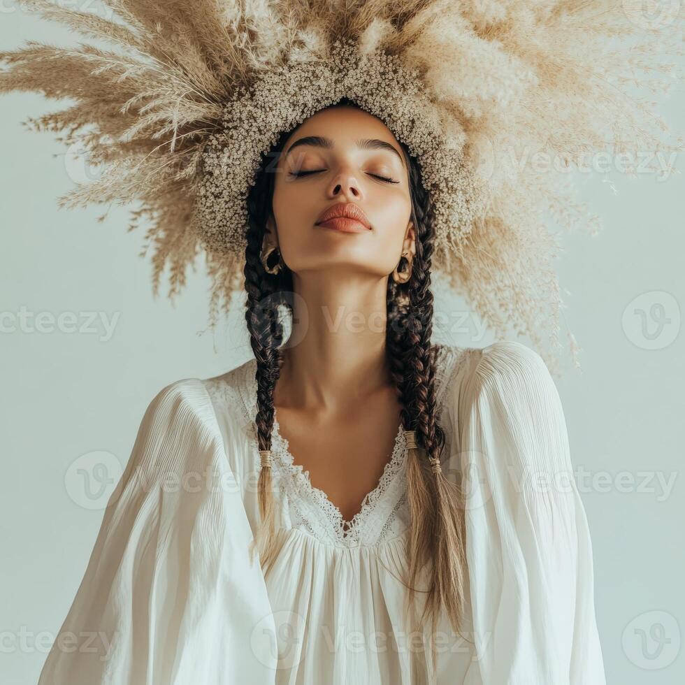 Boho braids and floral crown create a stunning look photo