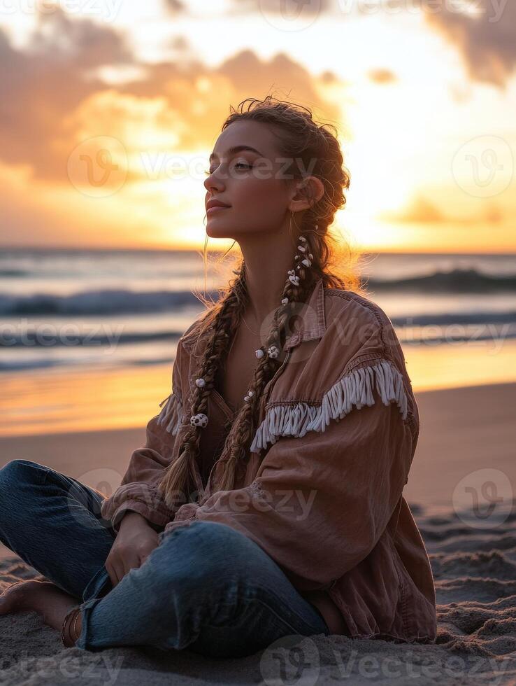 Boho braids and sunset by the beach create serene moment photo