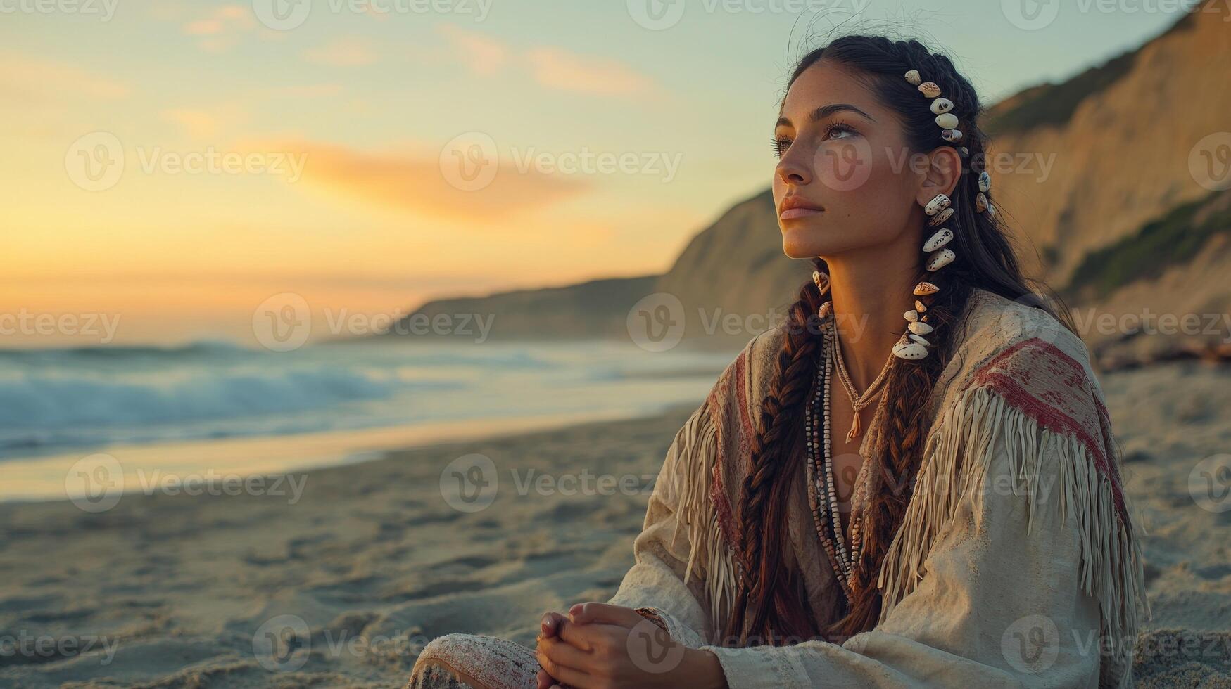 Boho braids at sunset on the beach photo