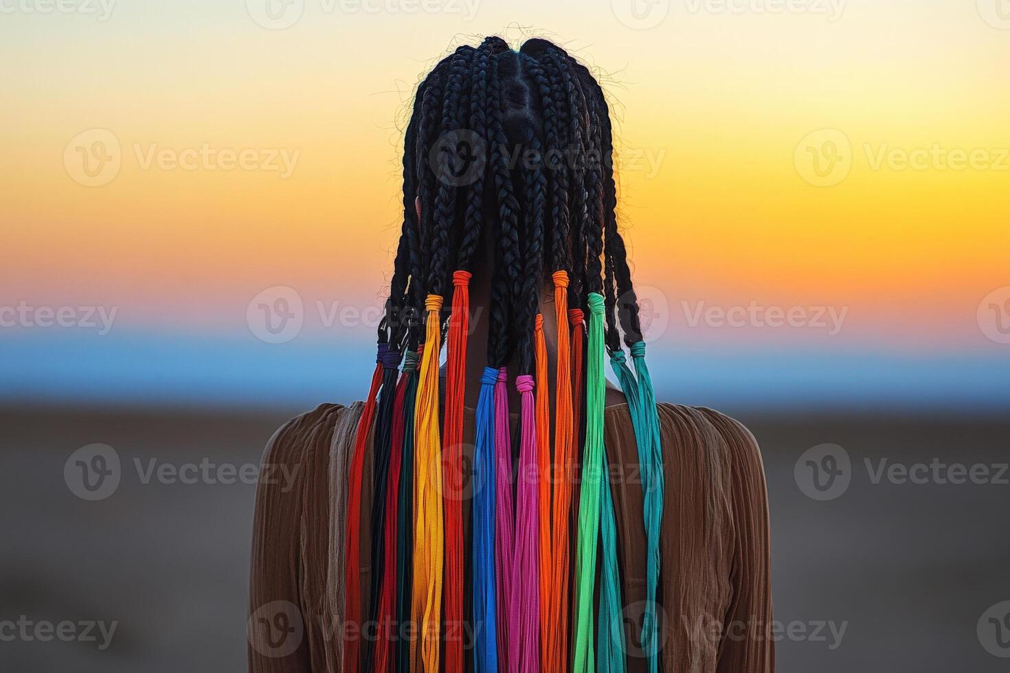 Boho braids with colorful tassels at sunset photo