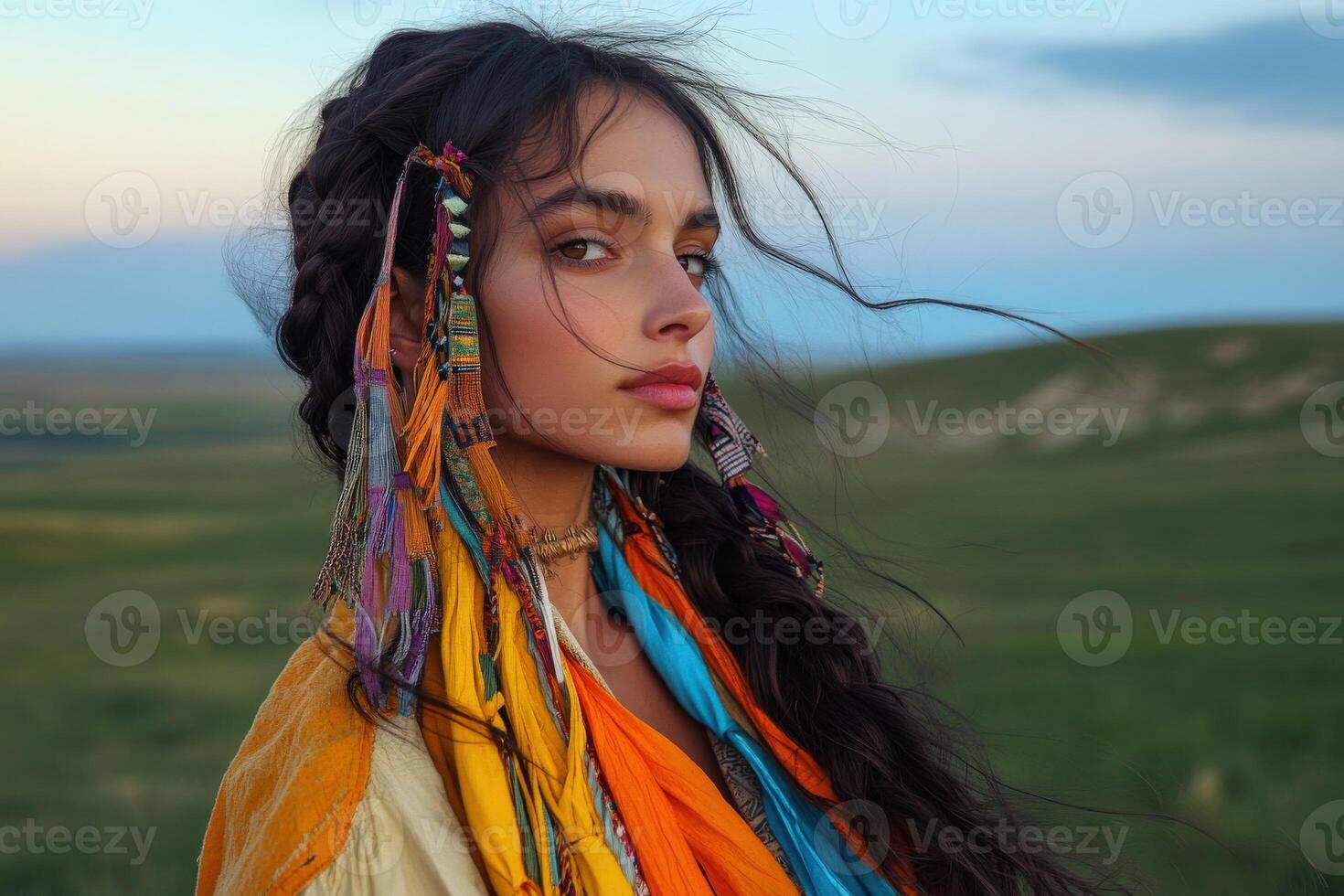 Boho braids and vibrant colors against a serene landscape photo