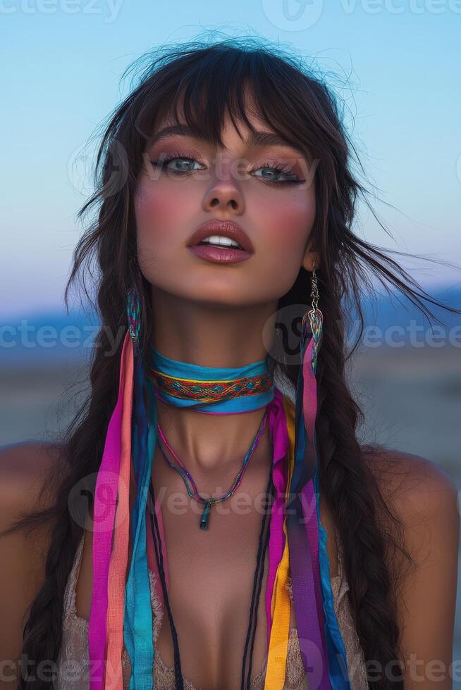Boho braids with colorful accessories in sunset light photo