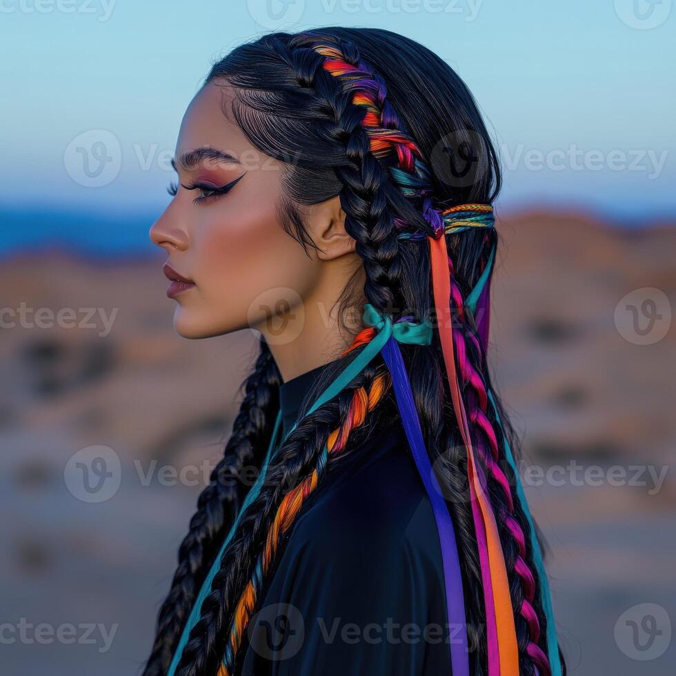 Boho braids with vibrant ribbons in serene landscape photo