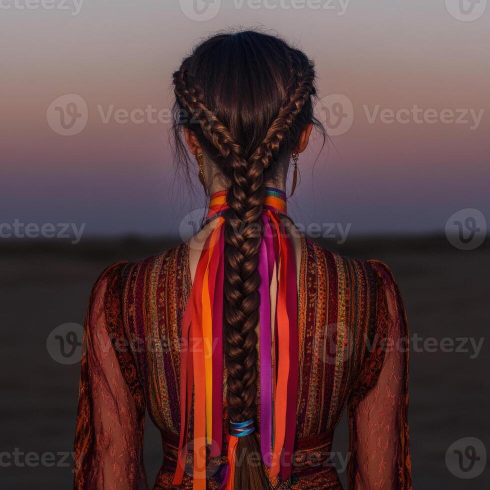 Unique boho braids adorned with colorful ribbons at sunset photo
