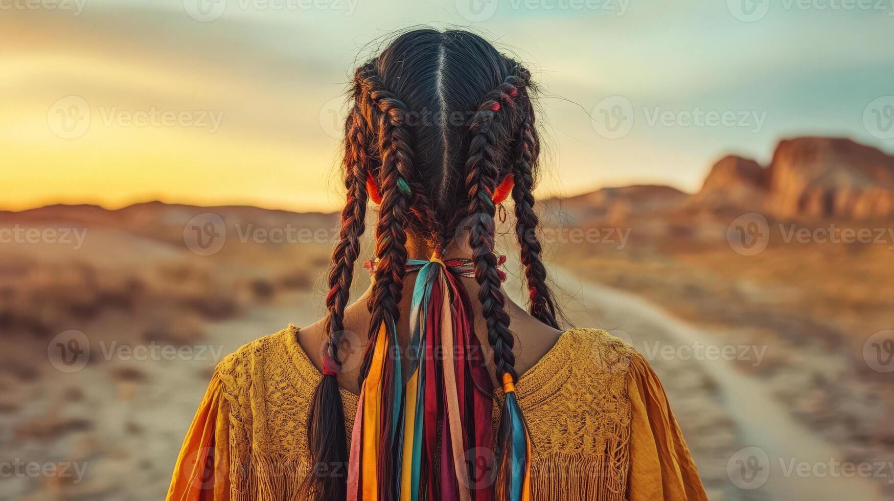 Elegant boho braids during sunset in a desert landscape photo