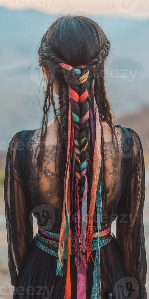 Boho braids with colorful ribbons styled in outdoor setting photo