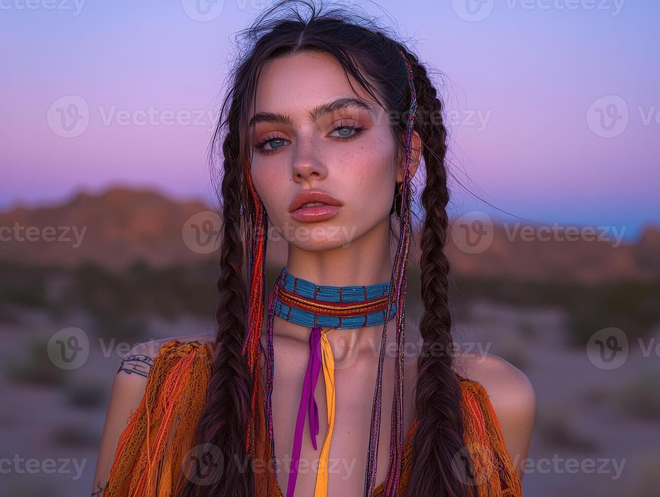 Boho braids complement vibrant desert sunset look photo