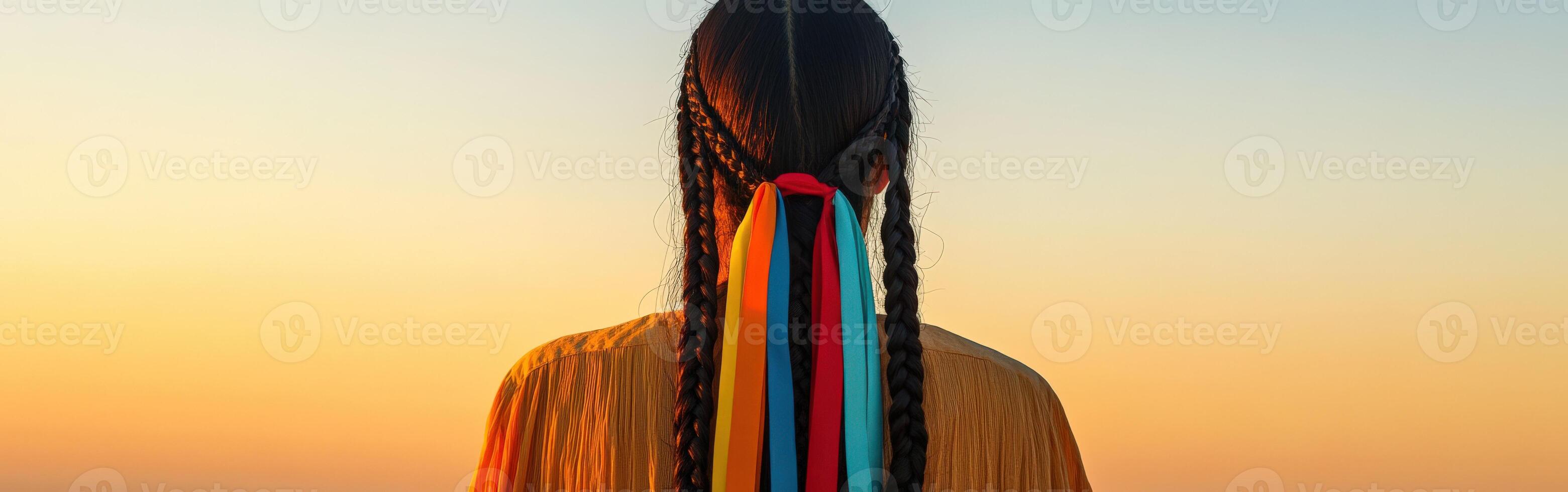 Stunning boho braids with colorful ribbons at sunset photo