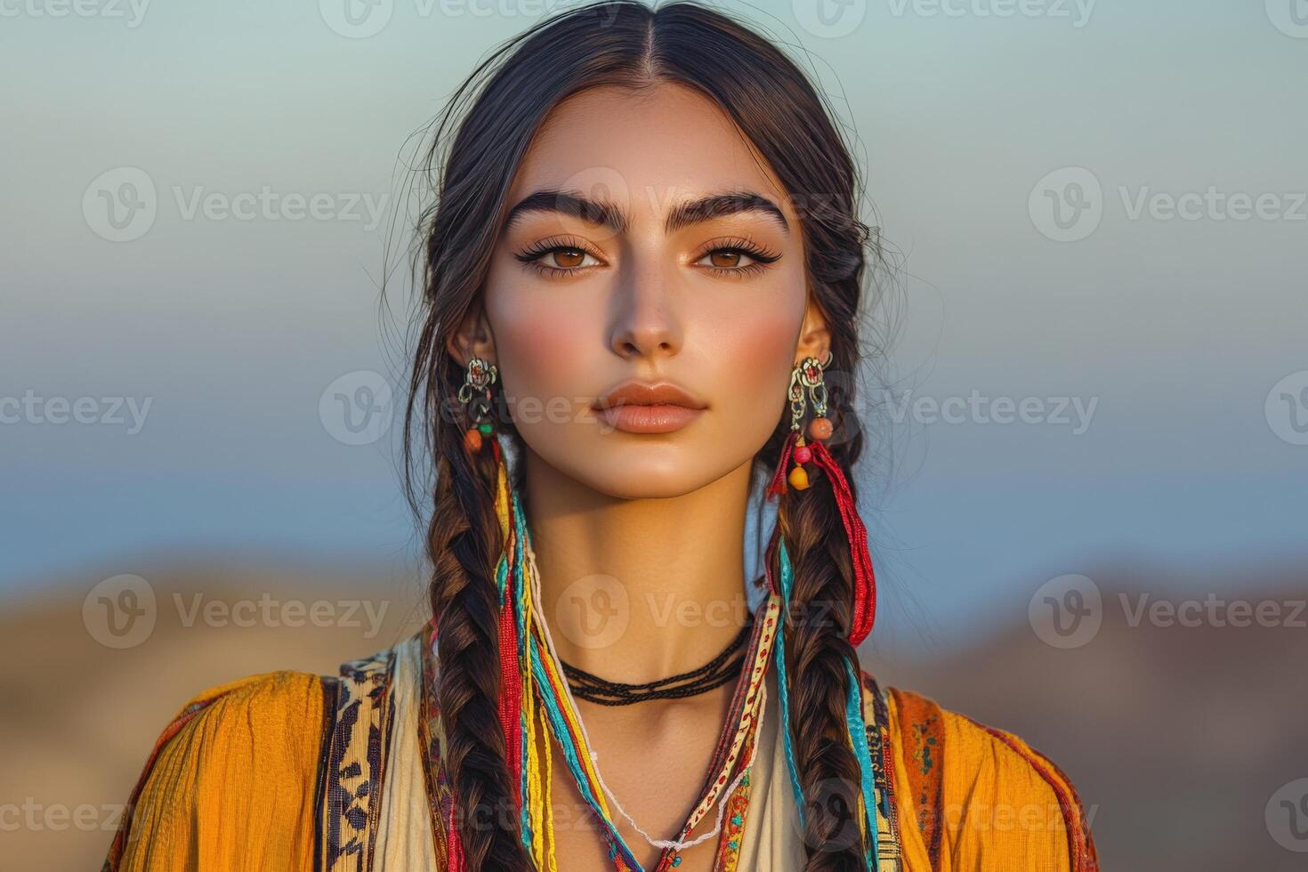 Boho braids with colorful accessories in a desert setting photo