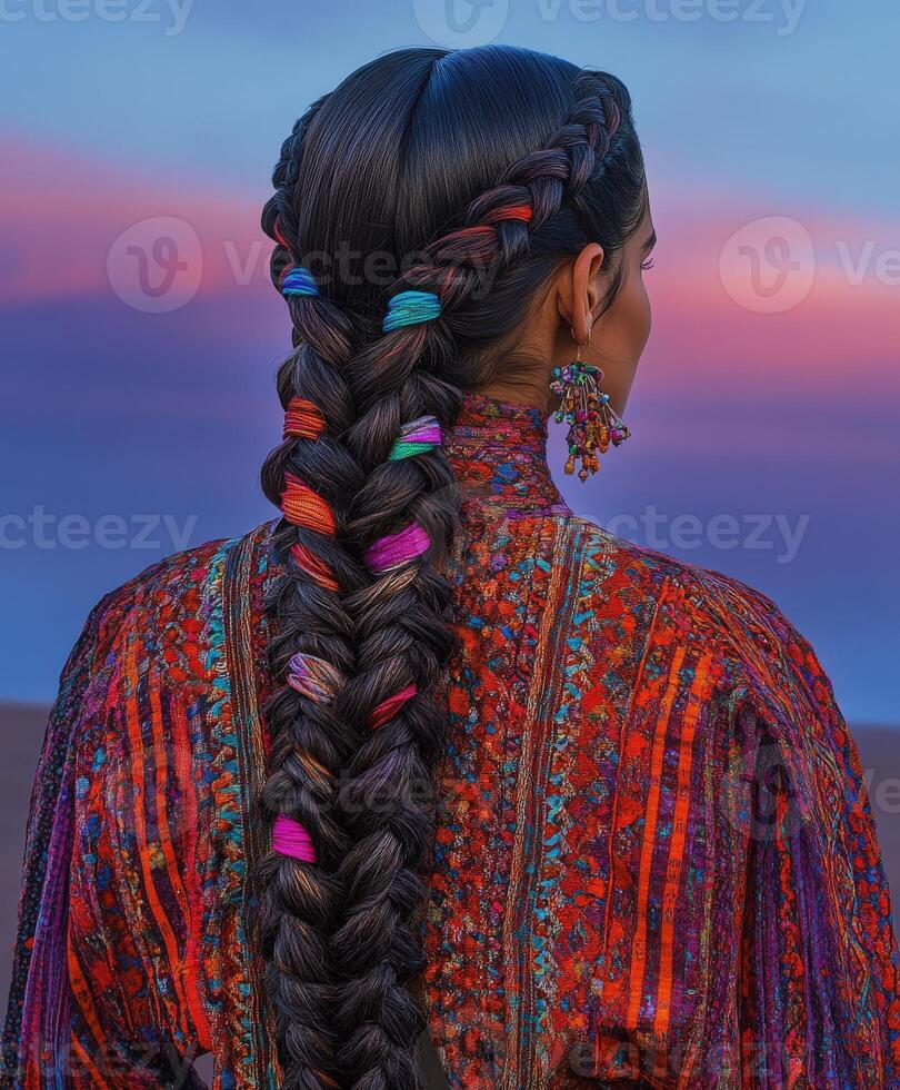 Boho braids with colorful accents at sunset photo