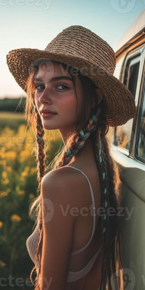 Boho braids with a straw hat in a sunny field photo