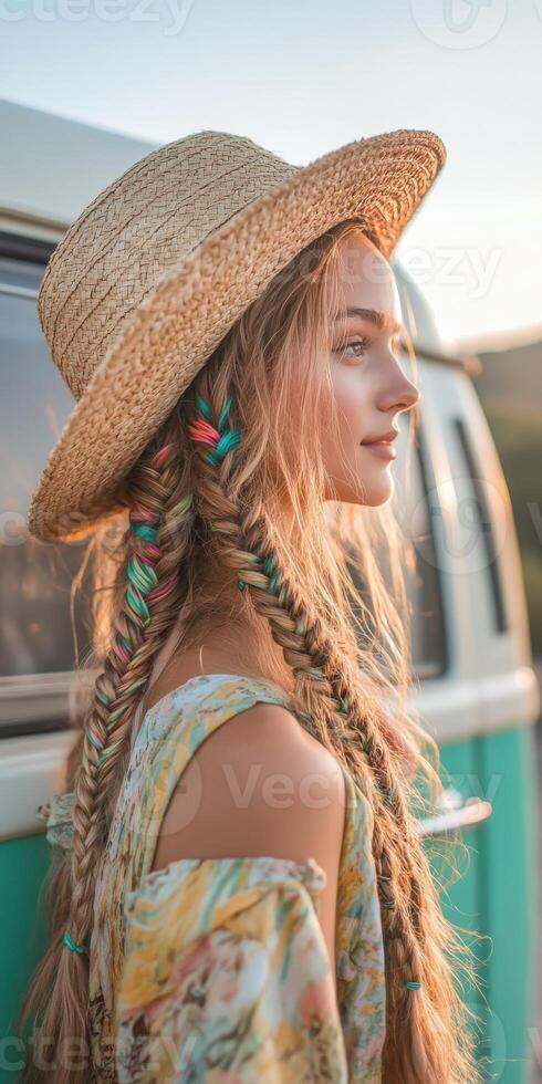 Boho braids and sunshine at a vintage van photo